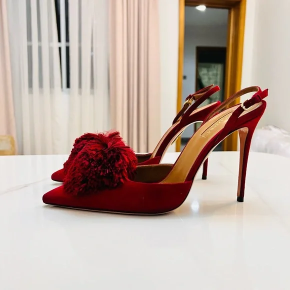 Aquazzura Red Pom Pom Heels - Picture 8 of 14